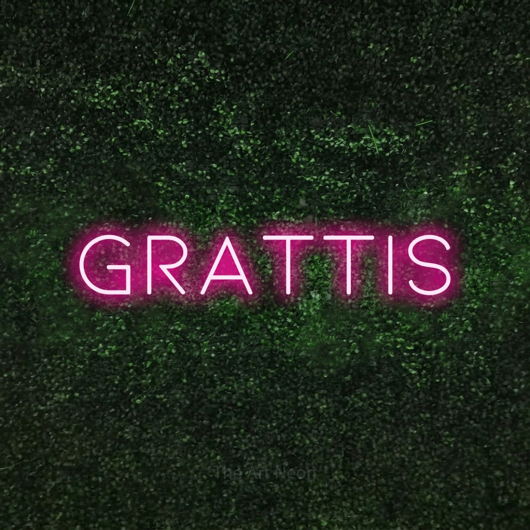 LED neon sign reading “Grattis”, arranged in a single line.