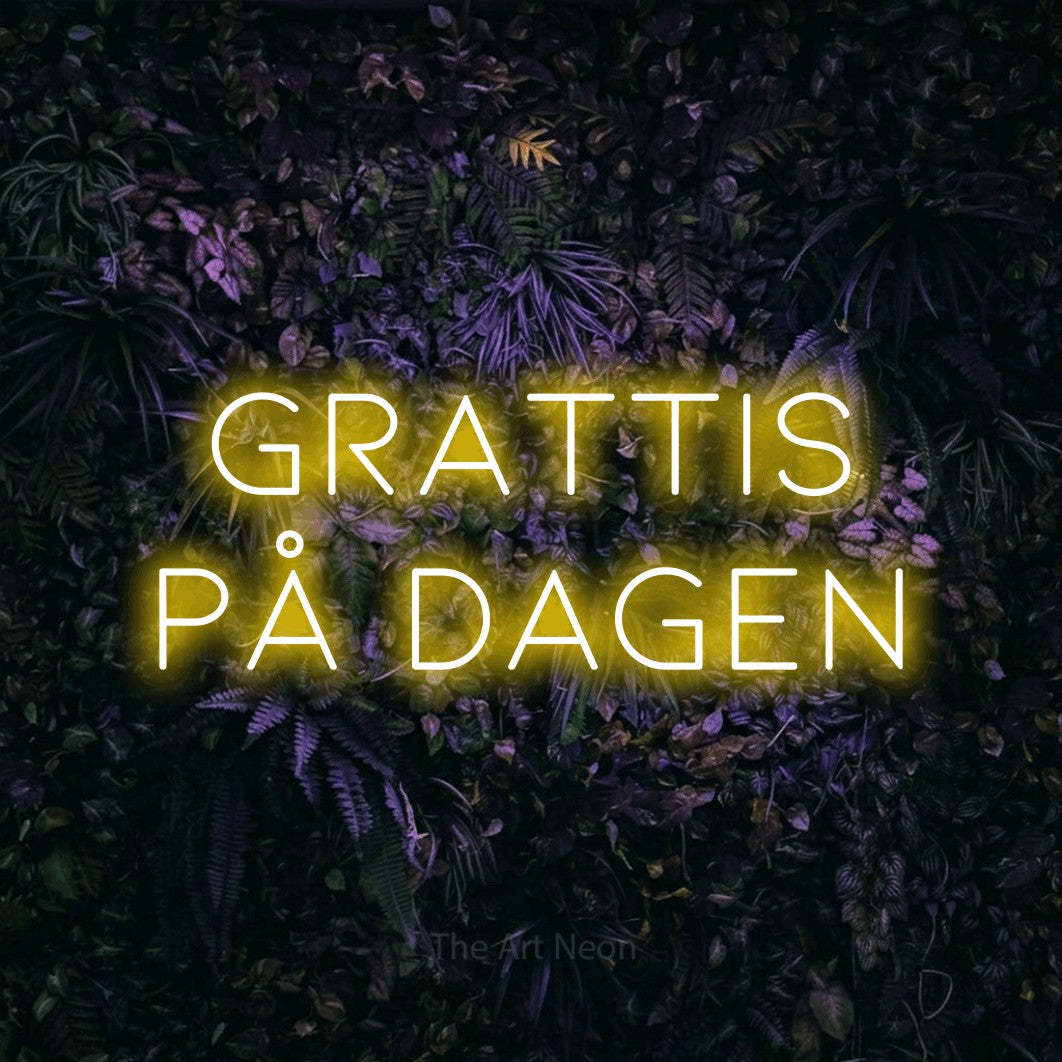 LED neon sign reading “Grattis På Dagen”, arranged in 2 lines.