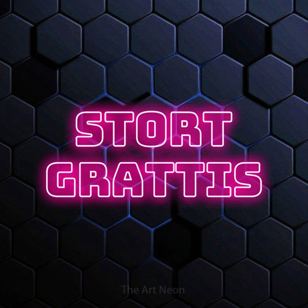 LED neon sign reading “STORT GRATTIS”, arranged in 2 lines.