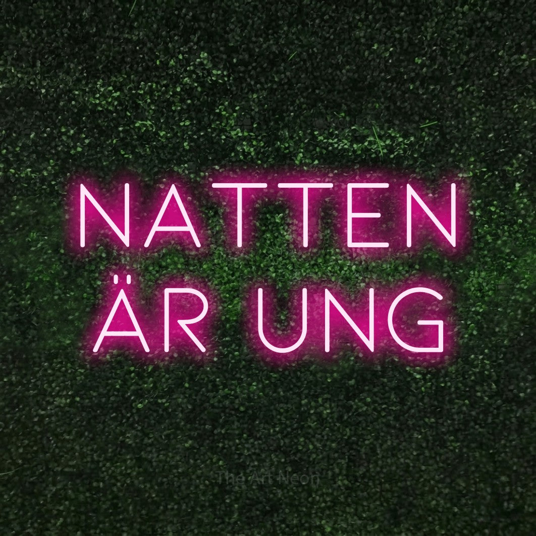 LED neon sign reading “natten är ung”, arranged in 2 lines.