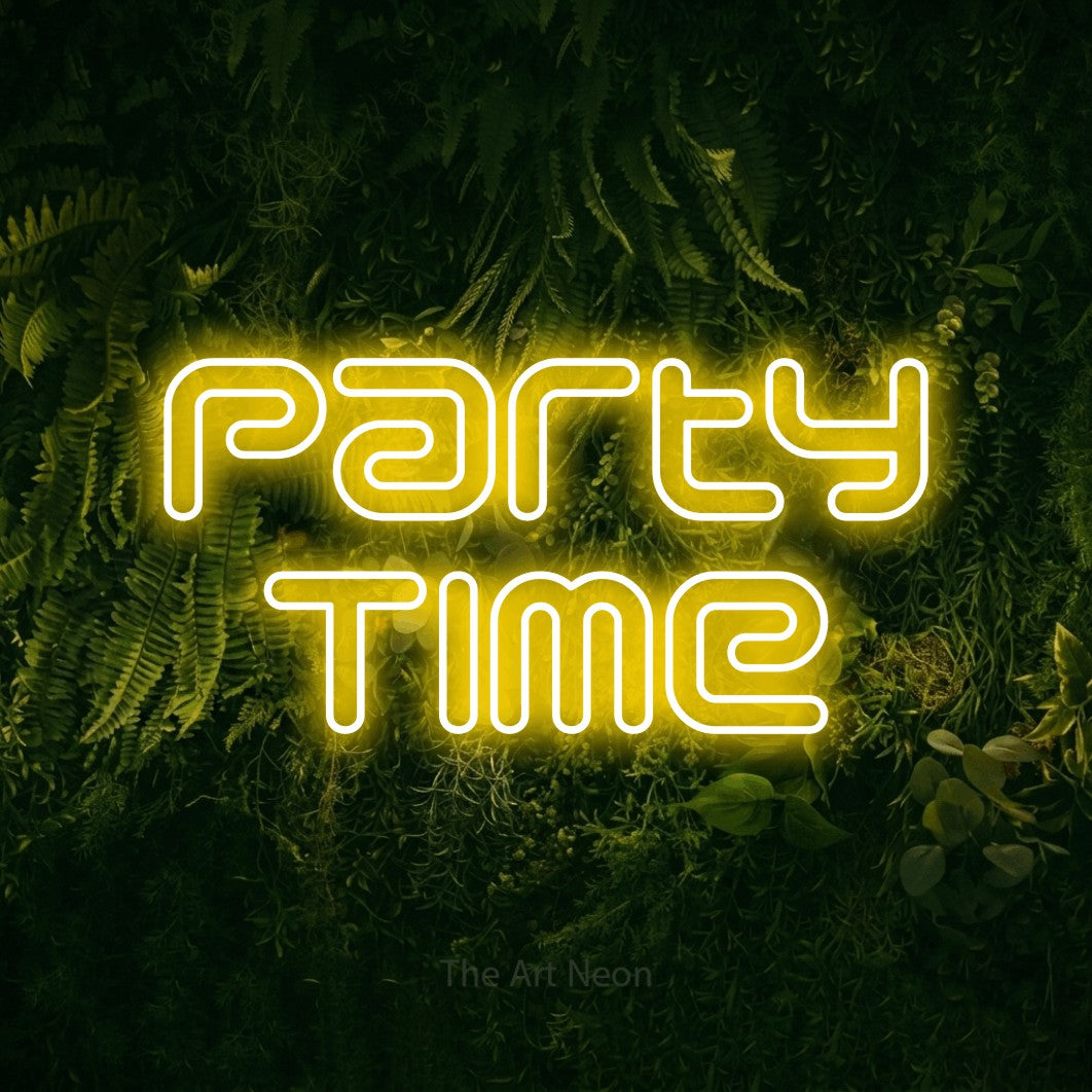 LED neon sign reading “Party Time”, arranged in 2 lines.