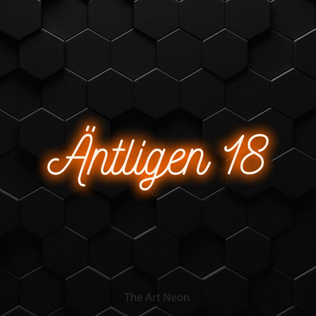 LED neon sign reading “Äntligen 18”, arranged in a single line.