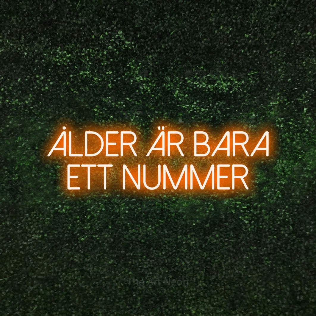 LED neon sign reading “Ålder Är Bara Ett Nummer”, arranged in 2 lines.