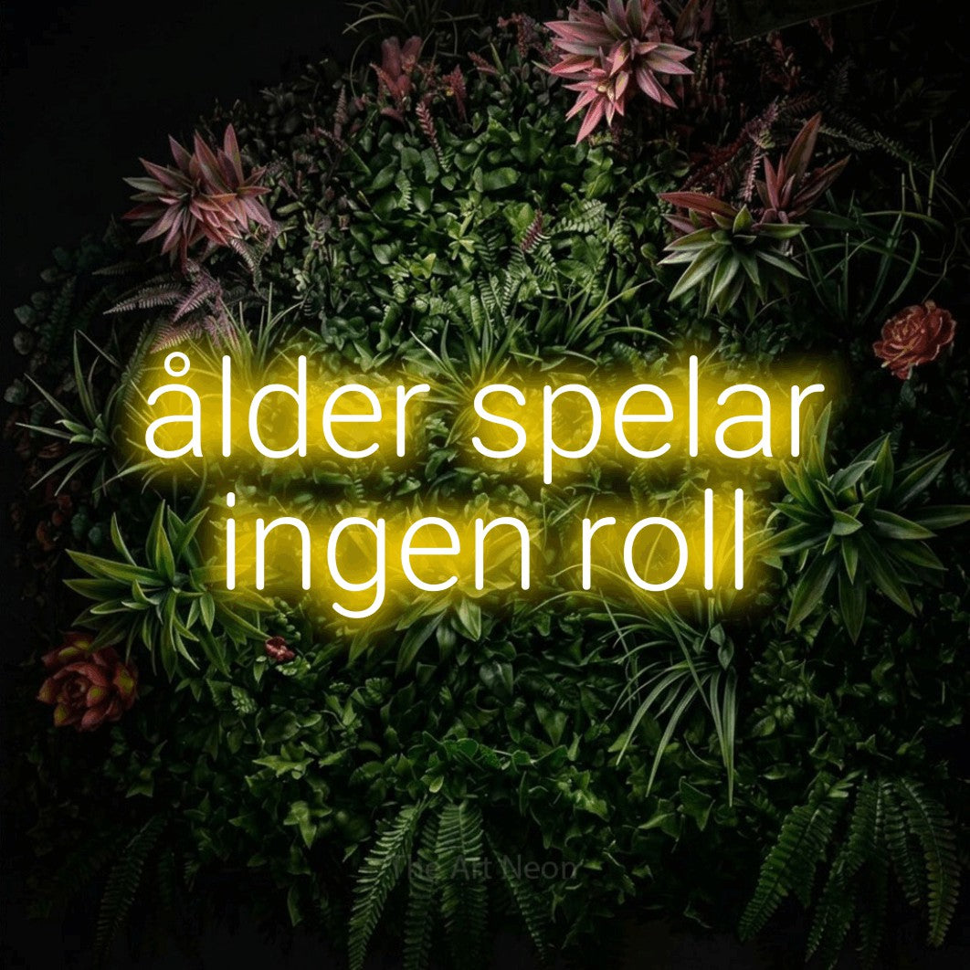 LED neon sign reading “ålder spelar ingen roll”, arranged in 2 lines.