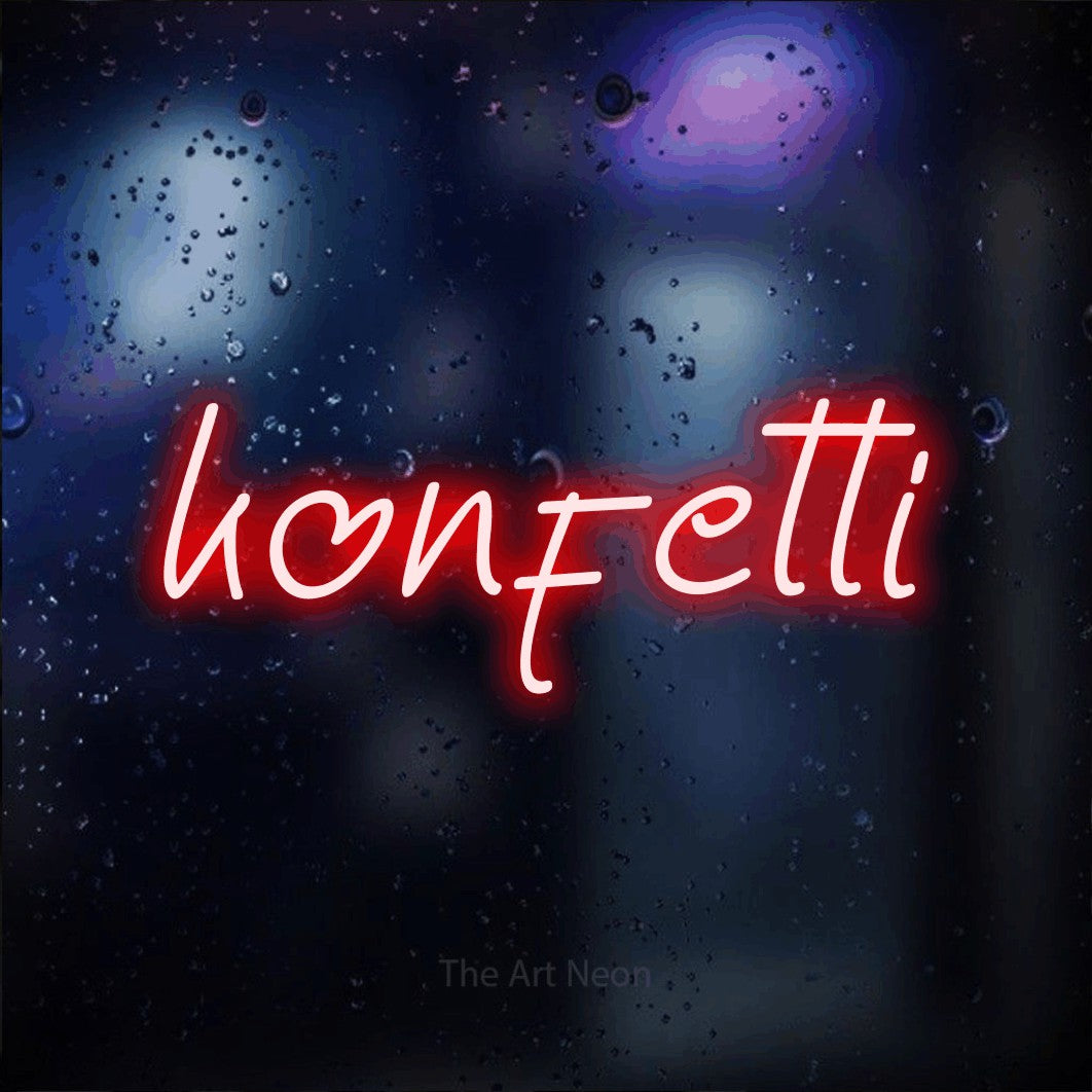 LED neon sign reading “konfetti”, arranged in a single line.