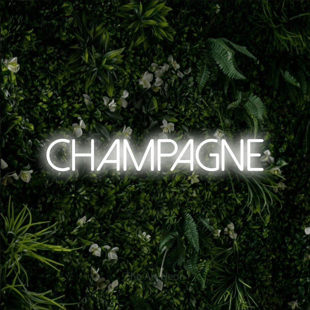 LED neon sign reading “CHAMPAGNE”, arranged in a single line.