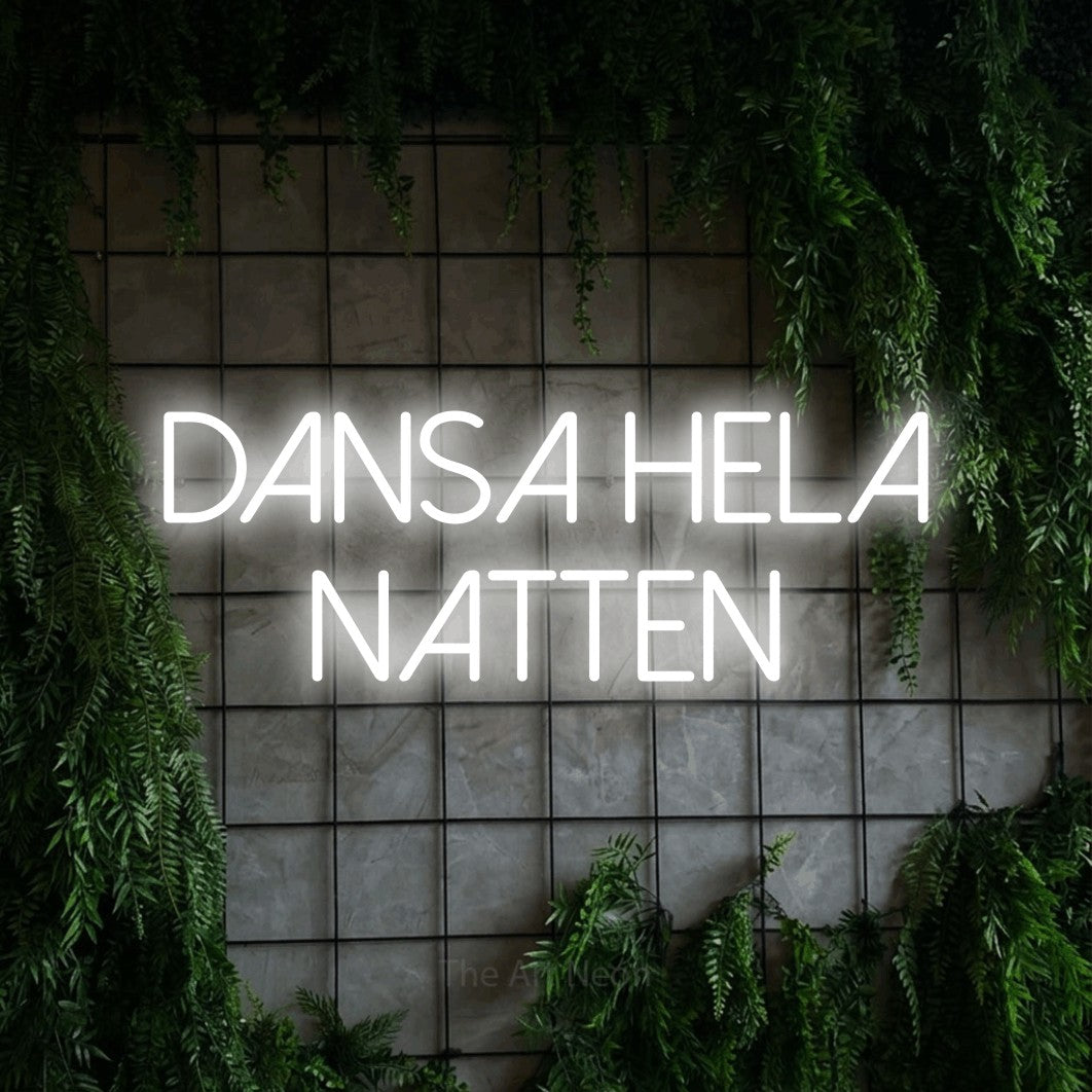LED neon sign reading “DANSA HELA NATTEN”, arranged in 2 lines.