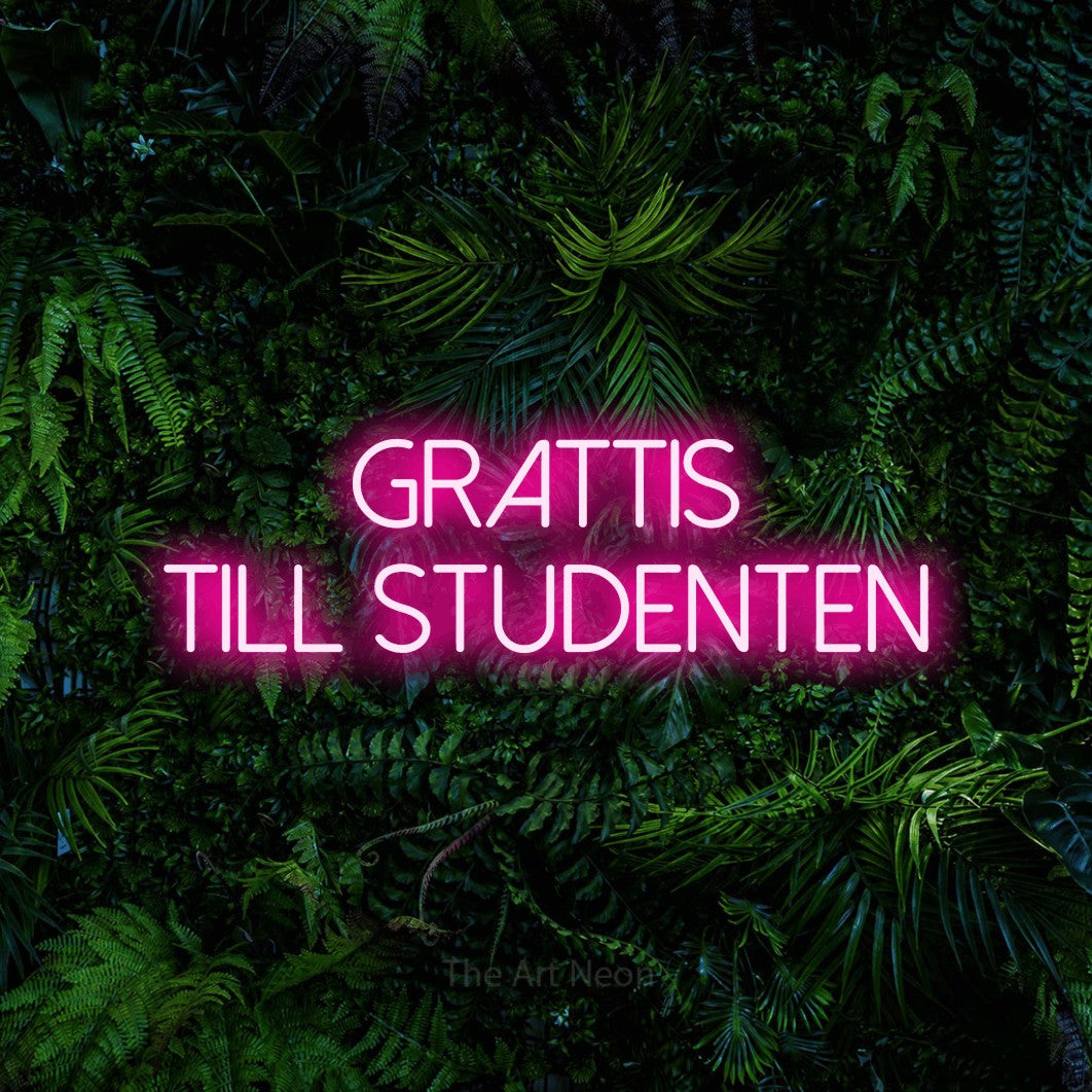 LED neon sign reading “Grattis Till Studenten”, arranged in 2 lines.