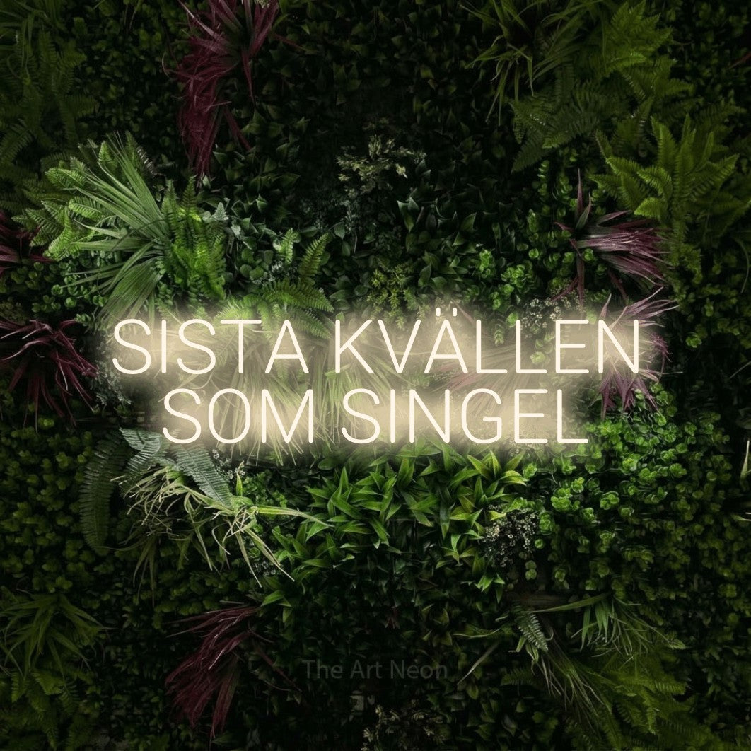 LED neon sign reading “SISTA KVÄLLEN SOM SINGEL”, arranged in 2 lines.