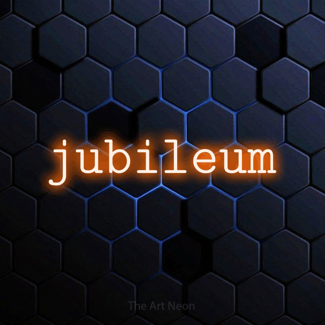 LED neon sign reading “jubileum”, arranged in a single line.