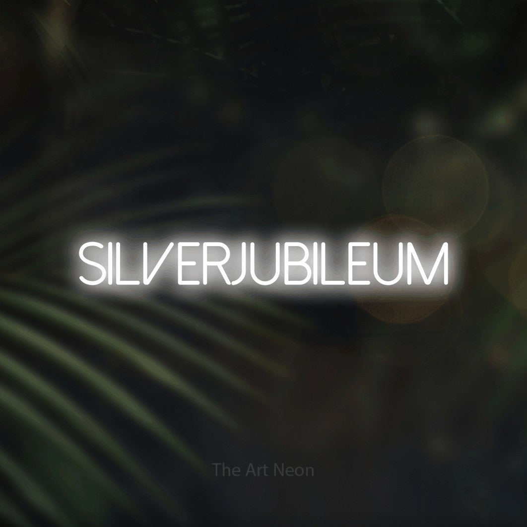 LED neon sign reading “silverjubileum”, arranged in a single line.