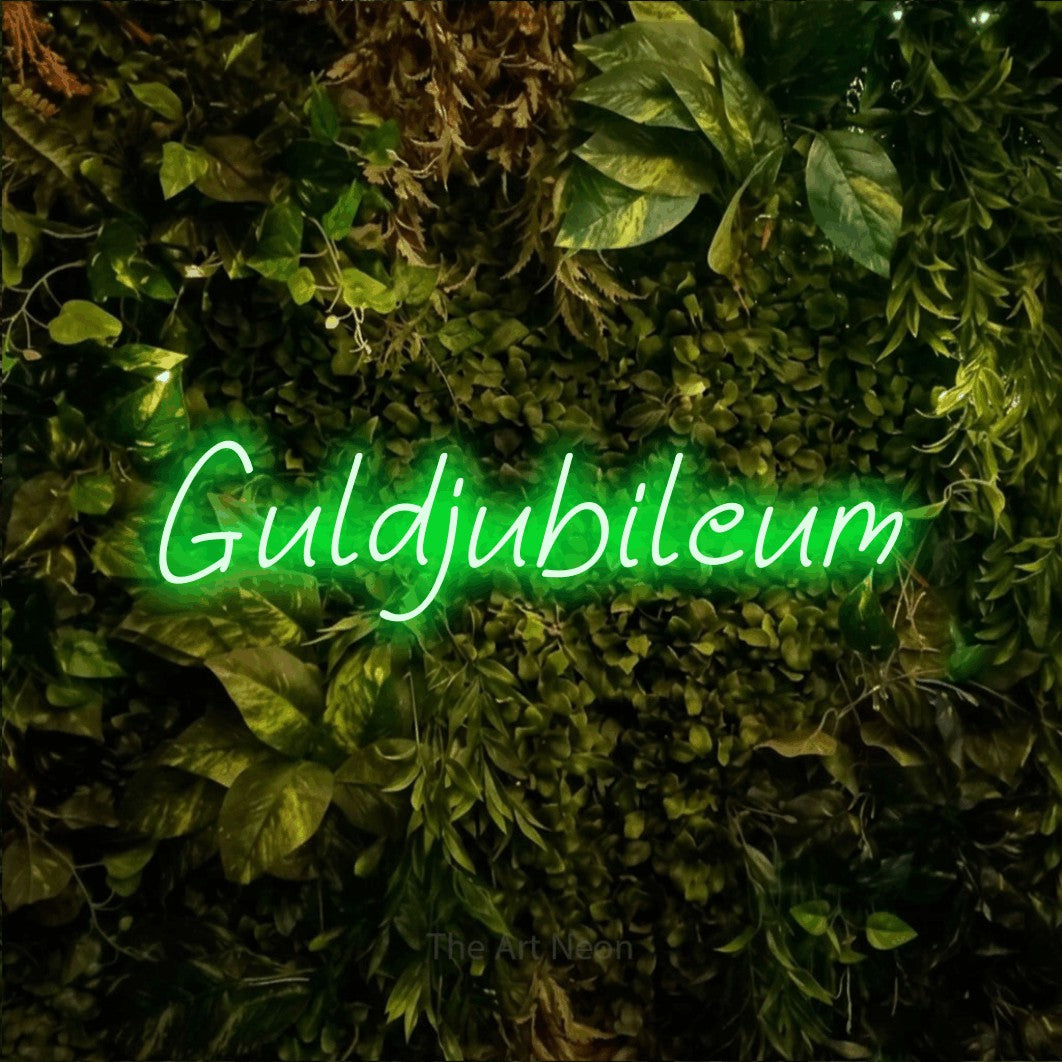 LED neon sign reading “Guldjubileum”, arranged in a single line.