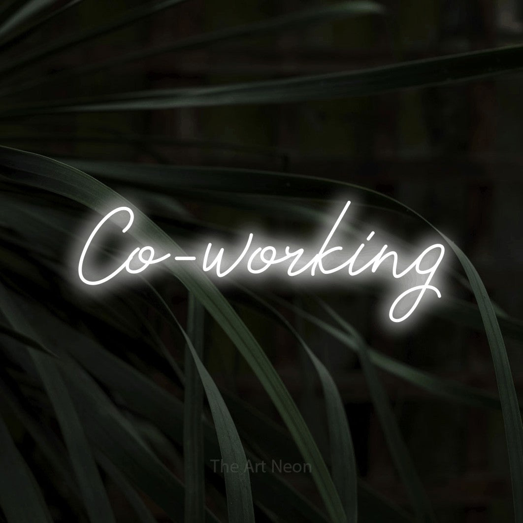 LED neon sign reading “Co-working”, arranged in a single line.