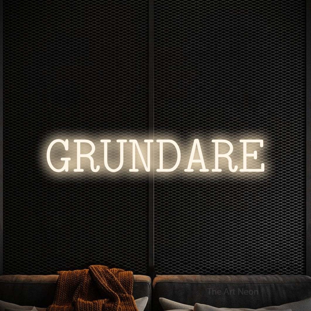 LED neon sign reading “GRUNDARE”, arranged in a single line.