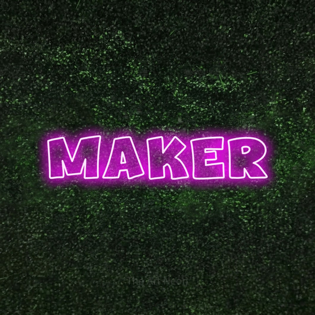 LED neon sign reading “maker”, arranged in a single line.
