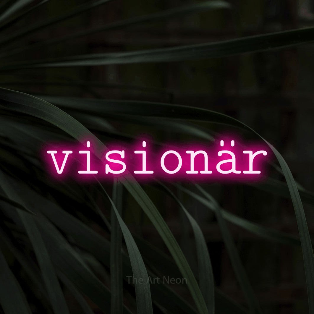 LED neon sign reading “visionär”, arranged in a single line.