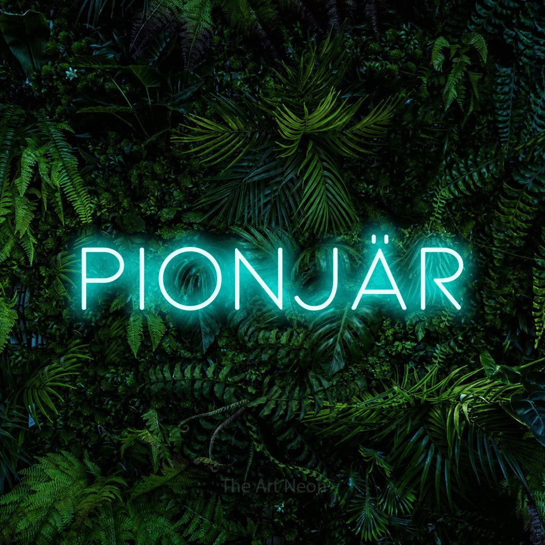 LED neon sign reading “Pionjär”, arranged in a single line.
