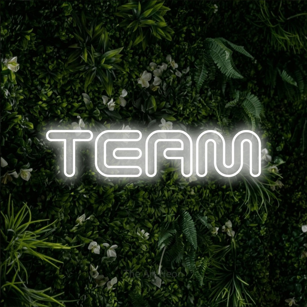 LED neon sign reading “TEAM”, arranged in a single line.