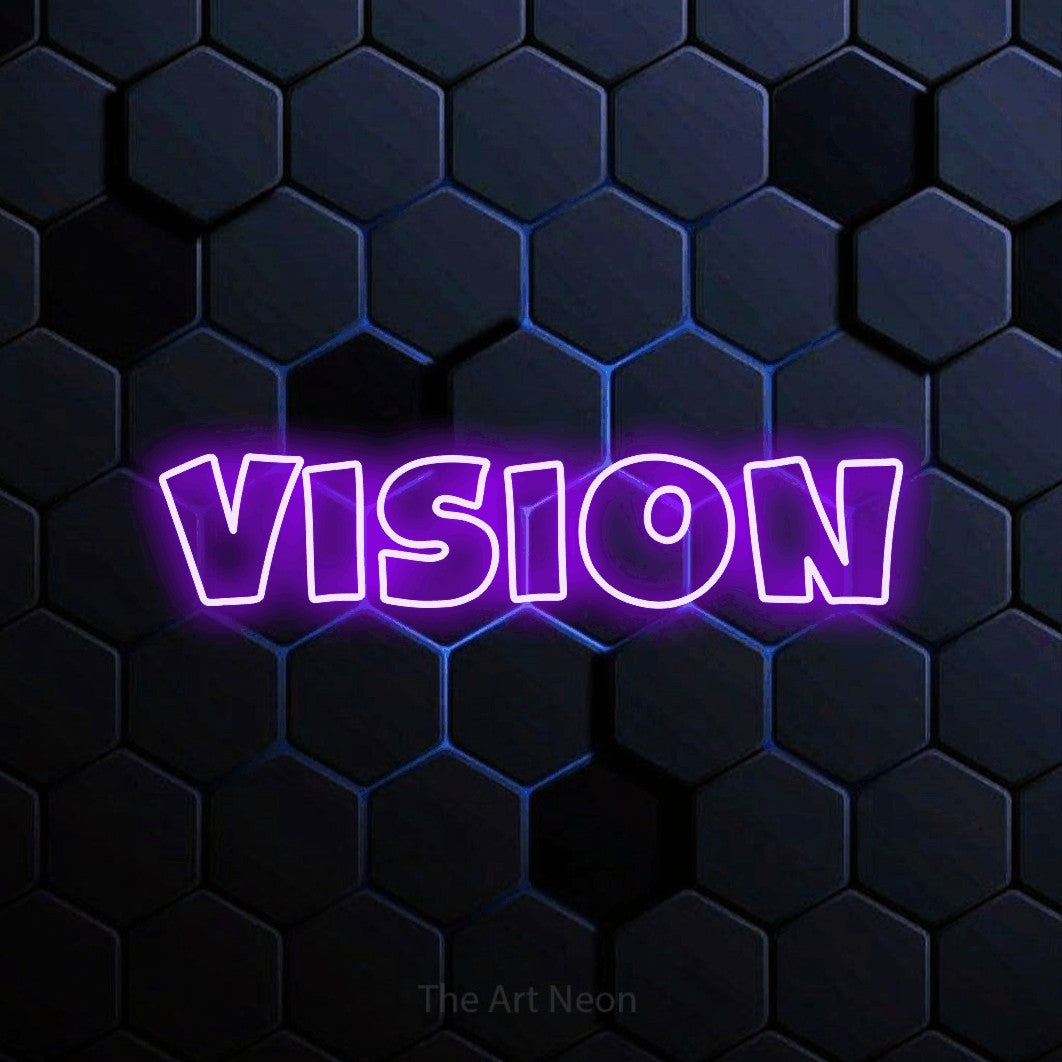 LED neon sign reading “VISION”, arranged in a single line.