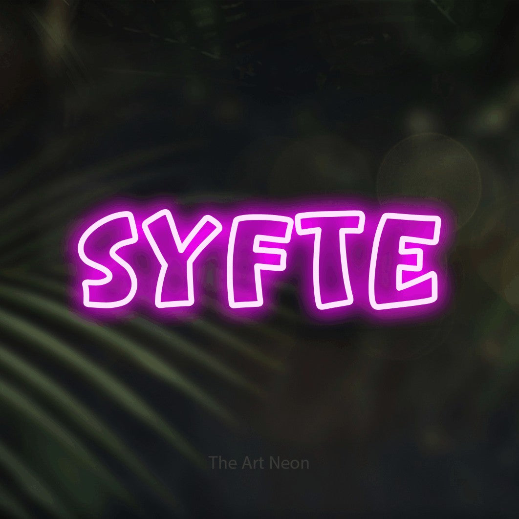 LED neon sign reading “Syfte”, arranged in a single line.