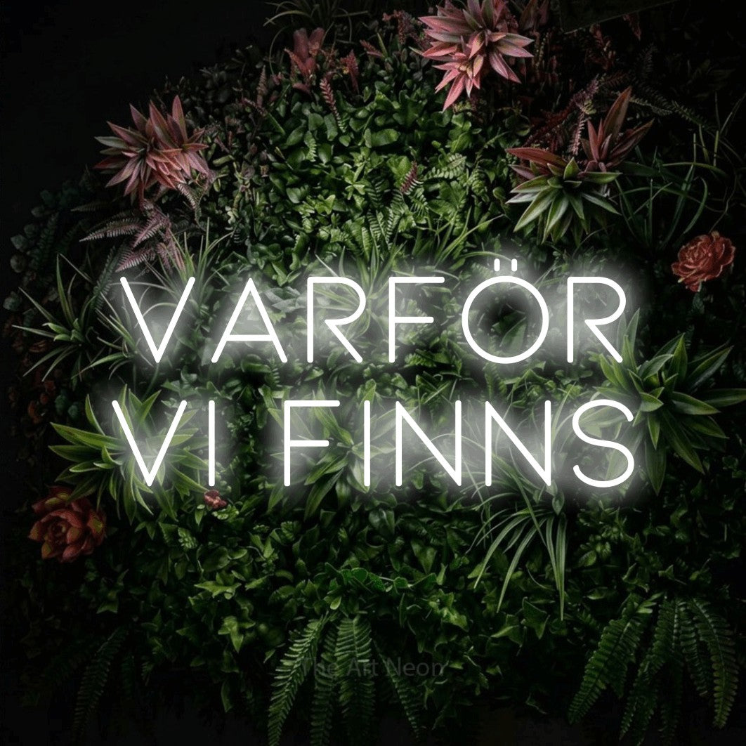 LED neon sign reading “VARFÖR VI FINNS”, arranged in 2 lines.