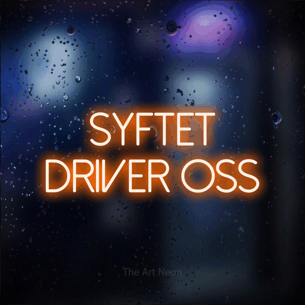 LED neon sign reading “syftet driver oss”, arranged in 2 lines.