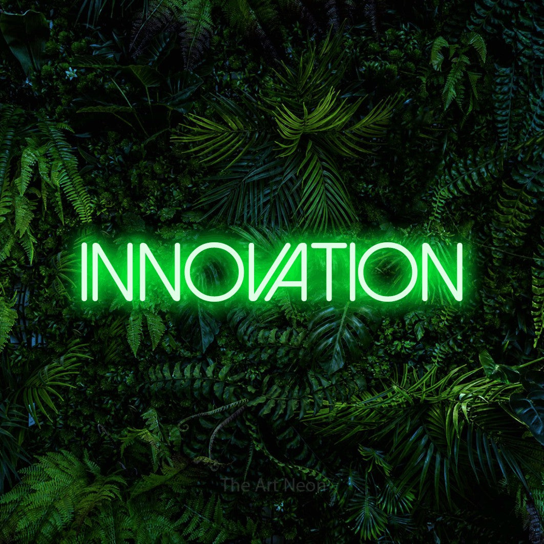 LED neon sign reading “innovation”, arranged in a single line.