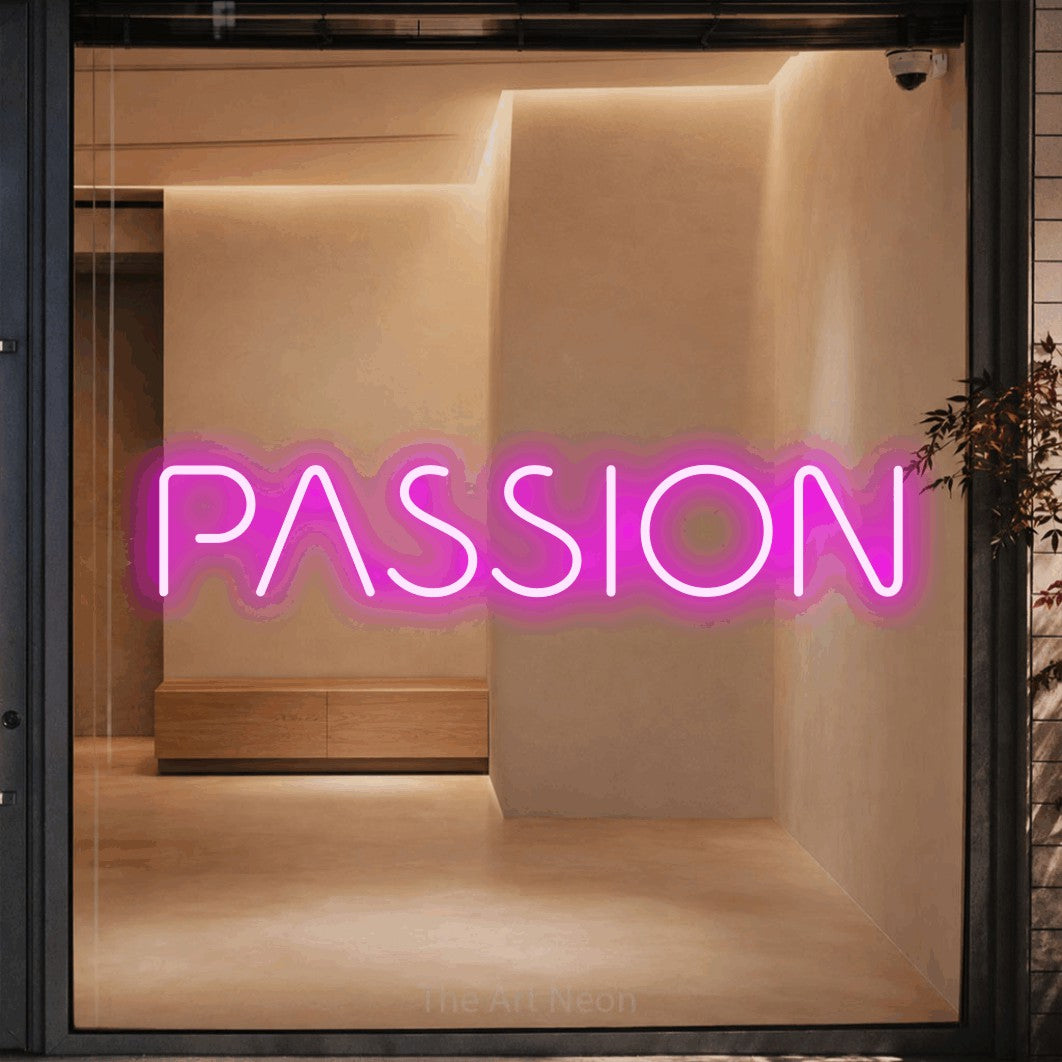 LED neon sign reading “PASSION”, arranged in a single line.
