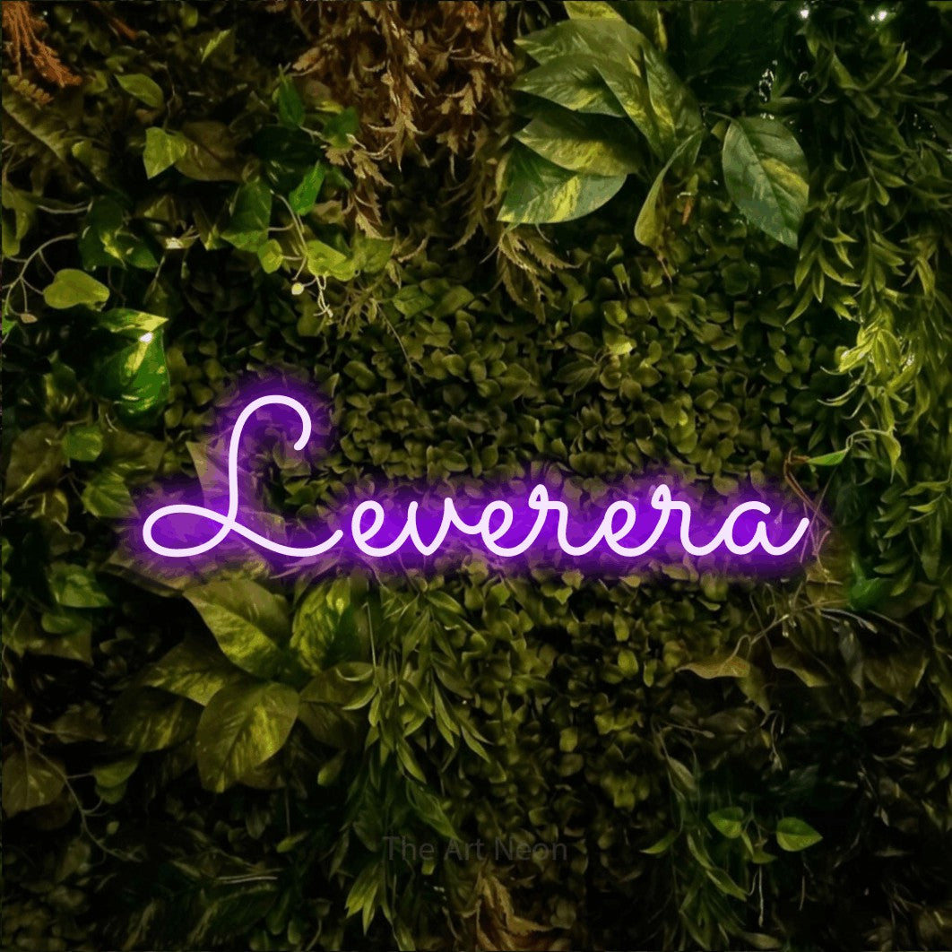 LED neon sign reading “Leverera”, arranged in a single line.