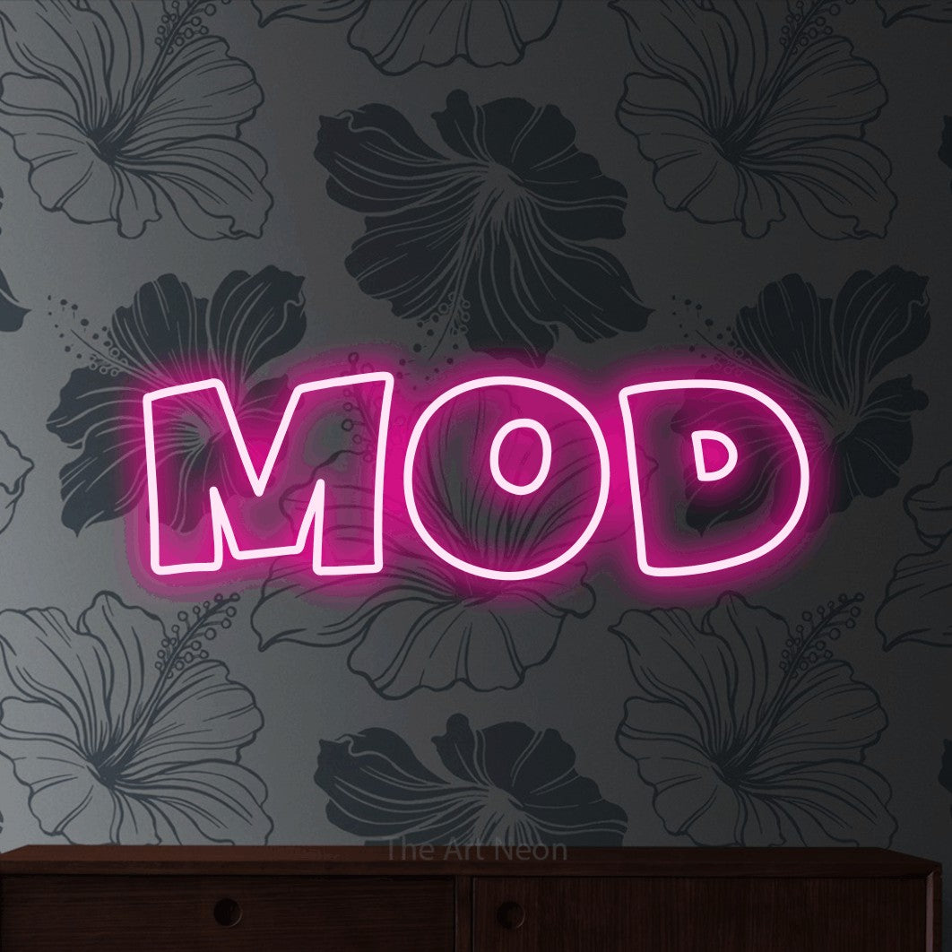 LED neon sign reading “mod”, arranged in a single line.