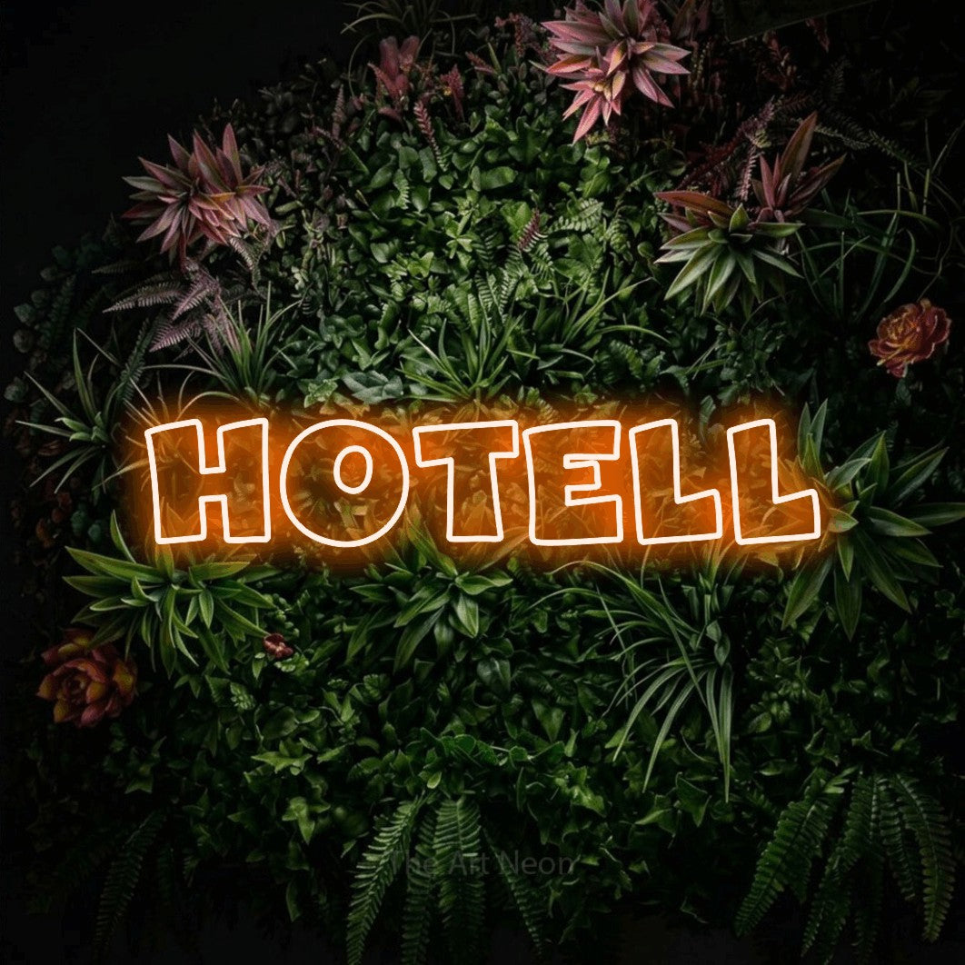 LED neon sign reading “Hotell”, arranged in a single line.