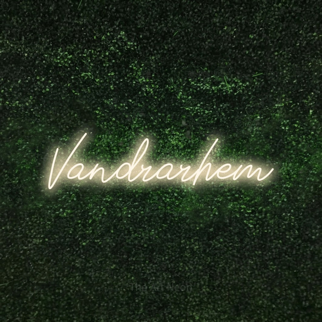 LED neon sign reading “Vandrarhem”, arranged in a single line.