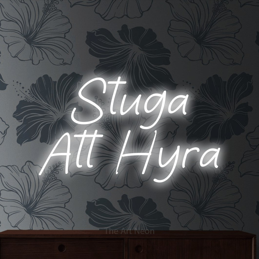 LED neon sign reading “Stuga Att Hyra”, arranged in 2 lines.