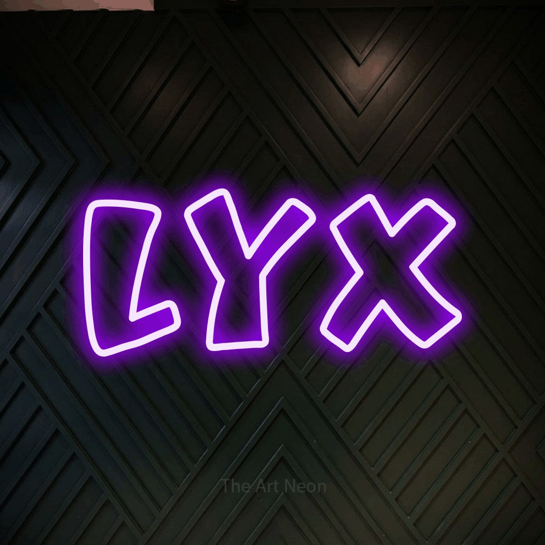 LED neon sign reading “LYX”, arranged in a single line.