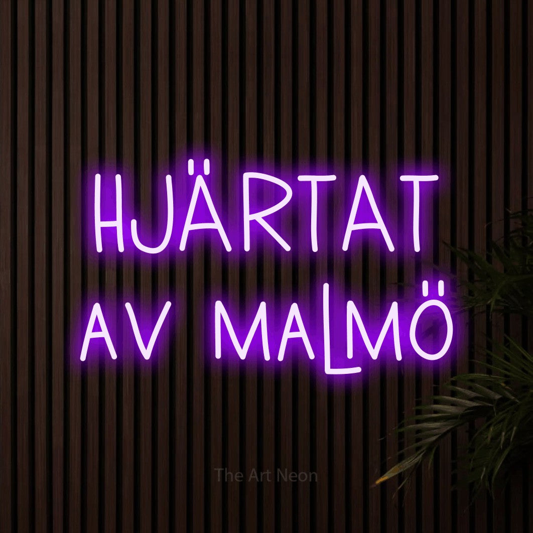 LED neon sign reading “HJÄRTAT av malmö”, arranged in 2 lines.