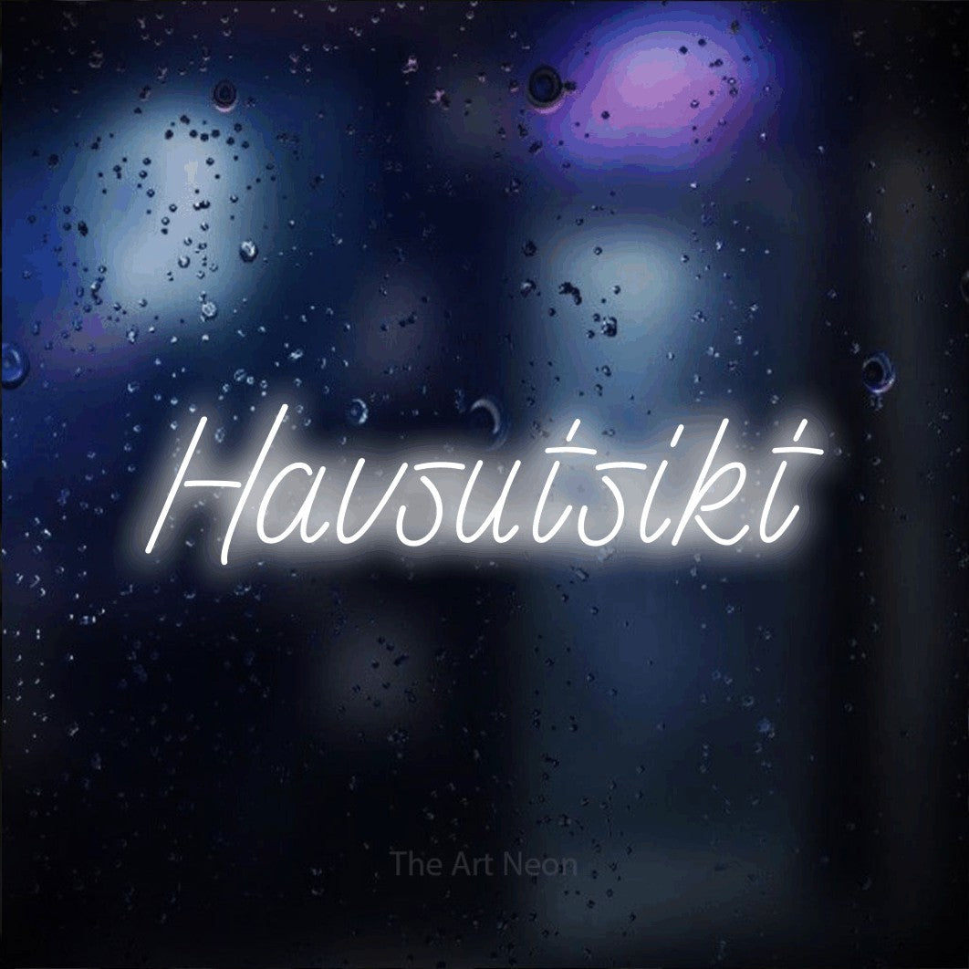 LED neon sign reading “Havsutsikt”, arranged in a single line.
