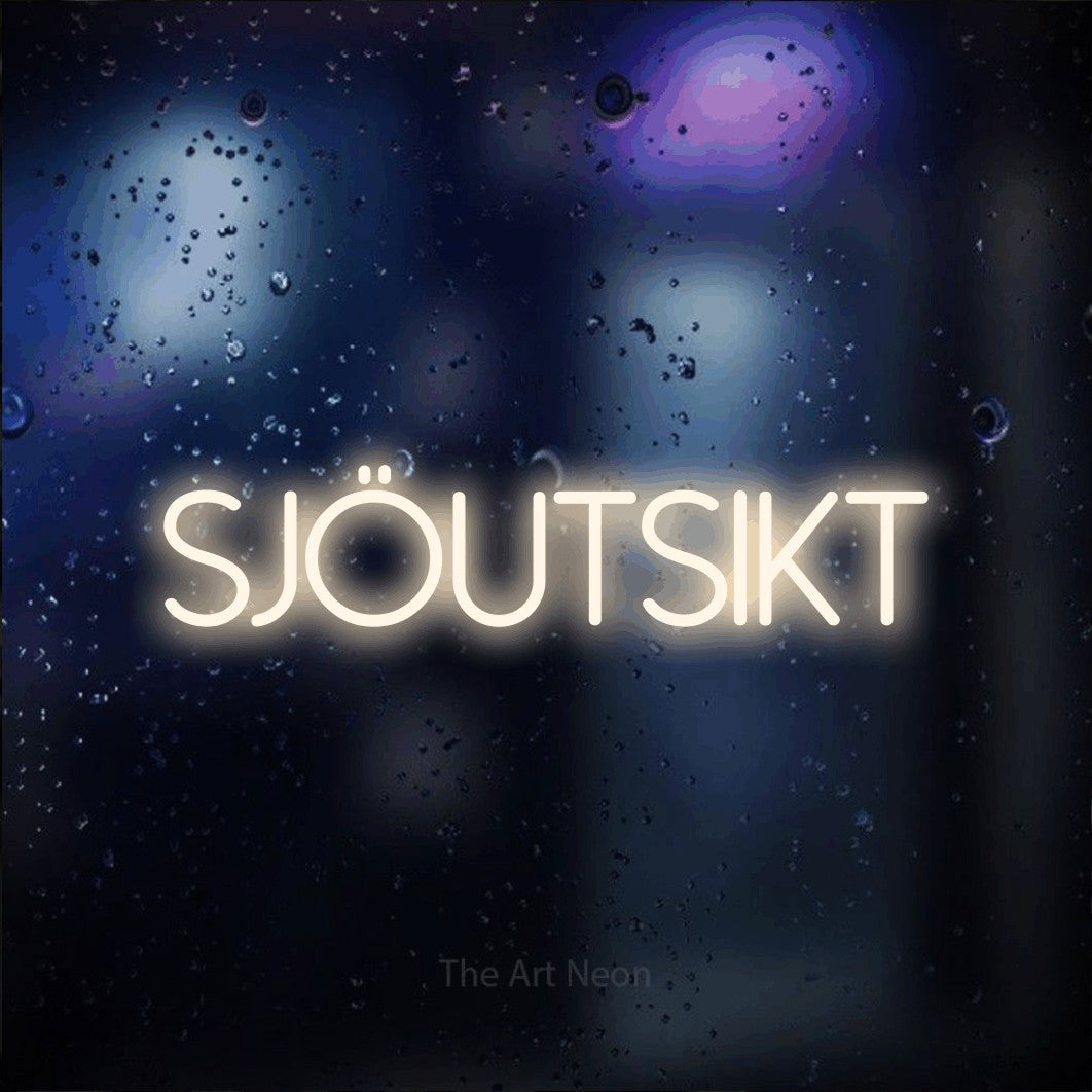 LED neon sign reading “Sjöutsikt”, arranged in a single line.