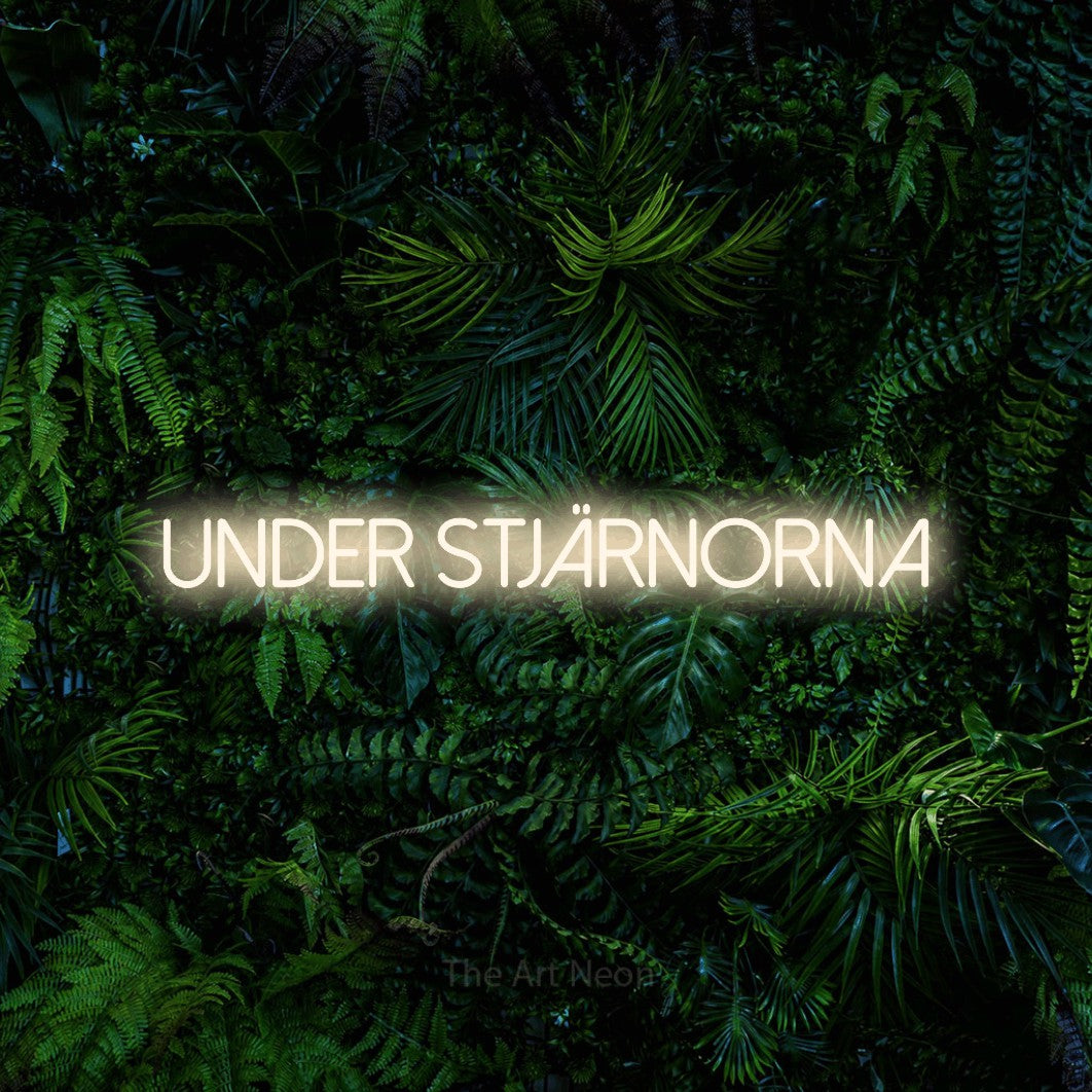 LED neon sign reading “Under Stjärnorna”, arranged in a single line.