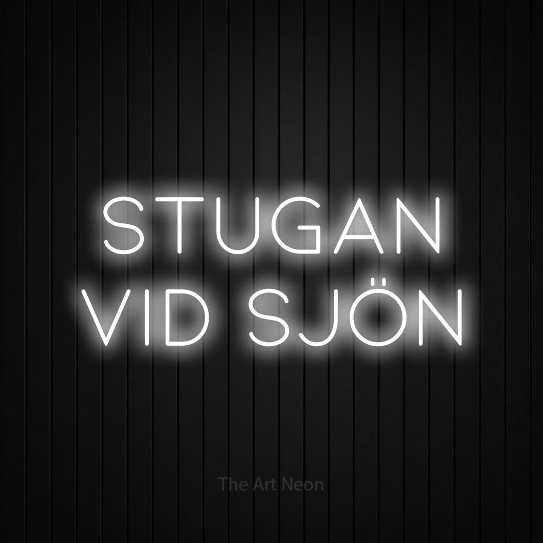 LED neon sign reading “Stugan Vid Sjön”, arranged in 2 lines.