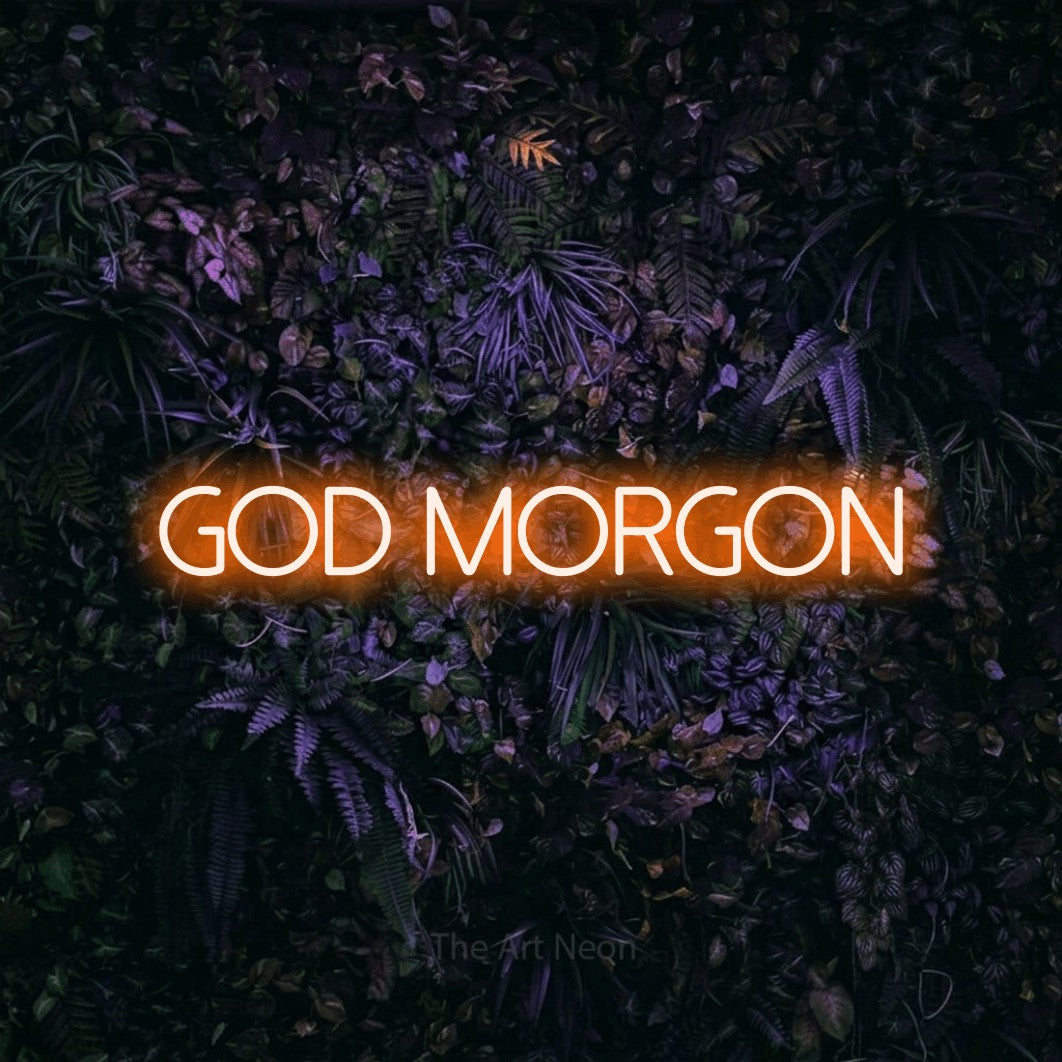 LED neon sign reading “GOD MORGON”, arranged in a single line.