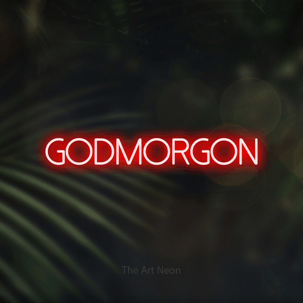 LED neon sign reading “godmorgon”, arranged in a single line.
