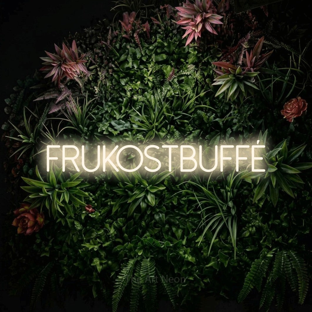 LED neon sign reading “FRUKOSTBUFFÉ”, arranged in a single line.