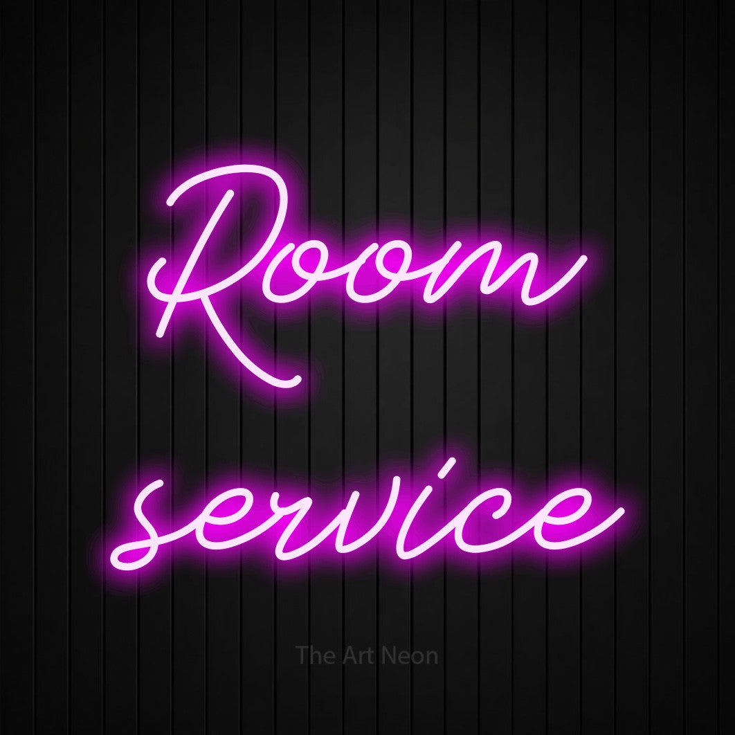 LED neon sign reading “Room service”, arranged in 2 lines.