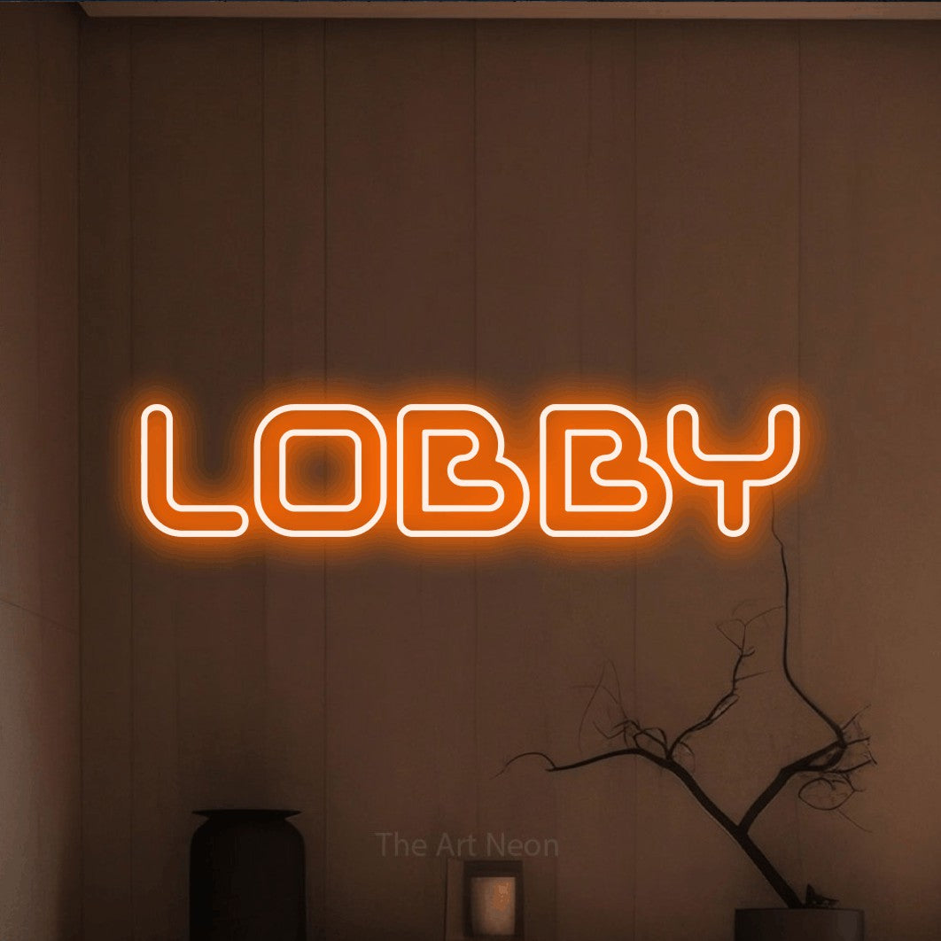 LED neon sign reading “LOBBY”, arranged in a single line.