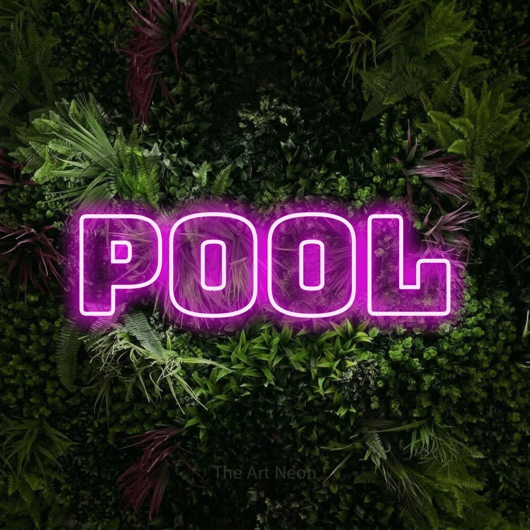 LED neon sign reading “POOL”, arranged in a single line.