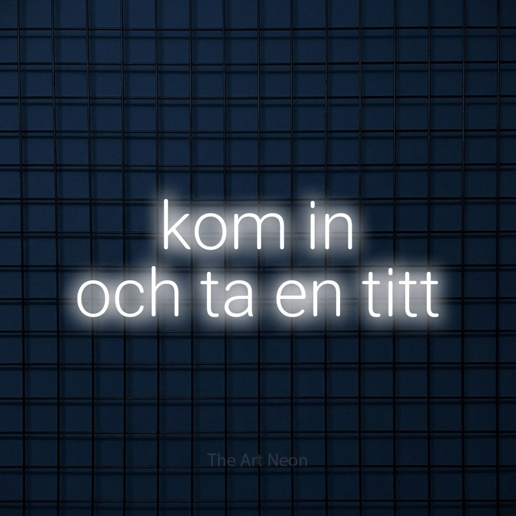 LED neon sign reading “kom in och ta en titt”, arranged in 2 lines.
