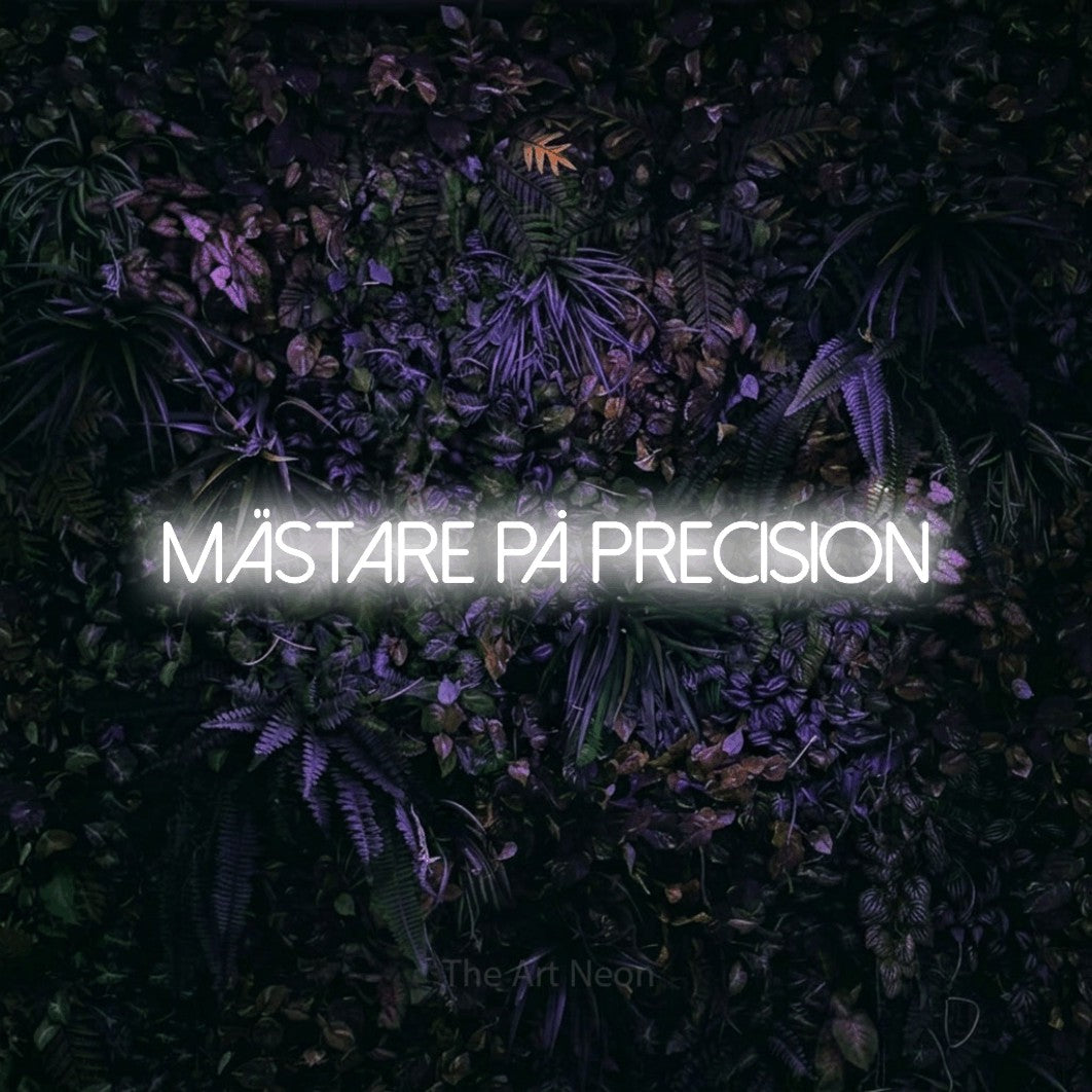 LED neon sign reading “mästare på precision”, arranged in a single line.