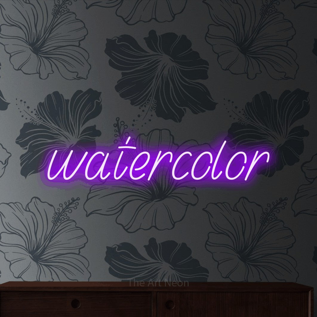 LED neon sign reading “watercolor”, arranged in a single line.
