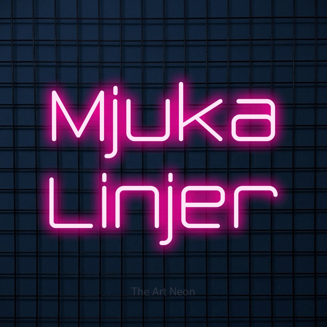 LED neon sign reading “Mjuka Linjer”, arranged in 2 lines.