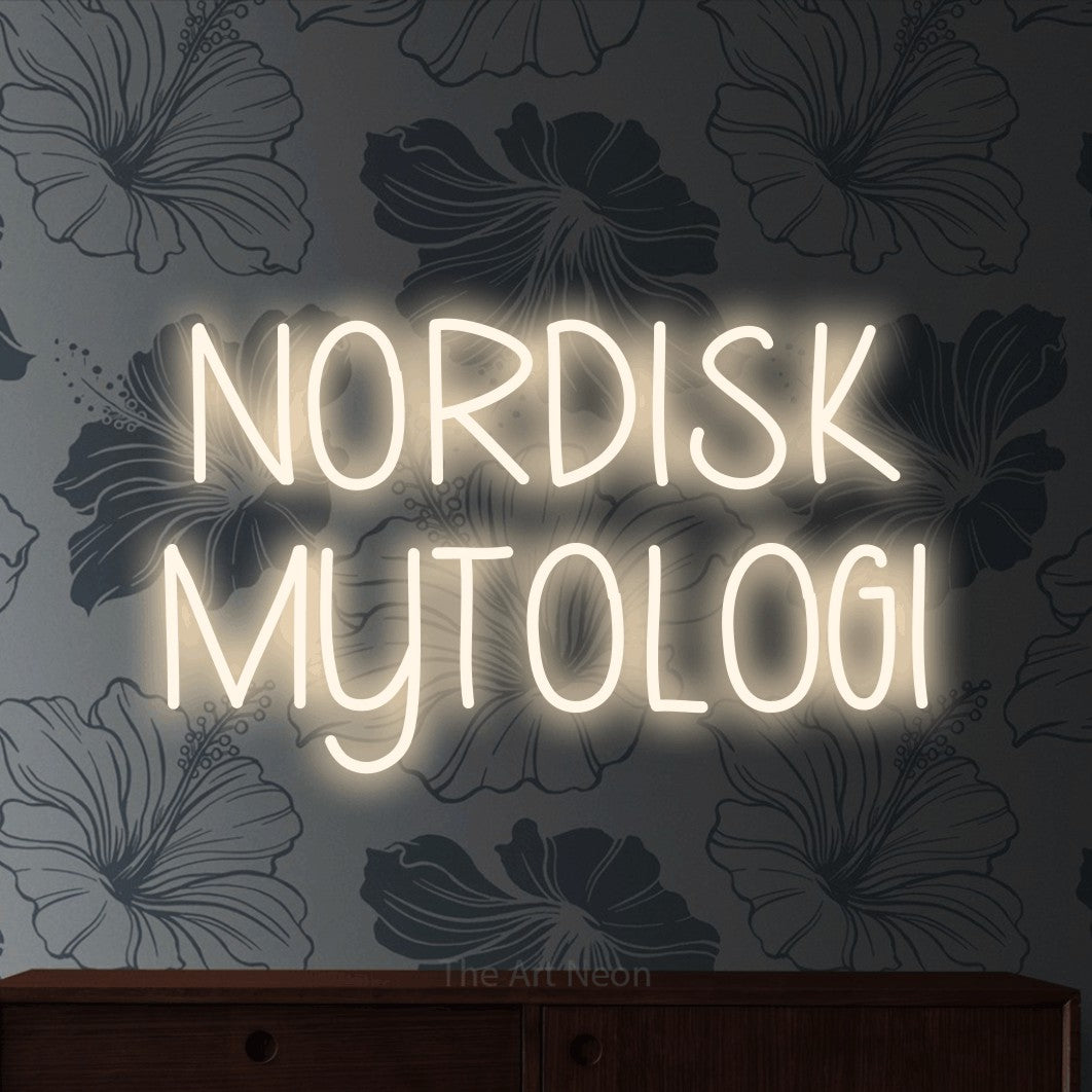 LED neon sign reading “NORDISK MYTOLOGI”, arranged in 2 lines.